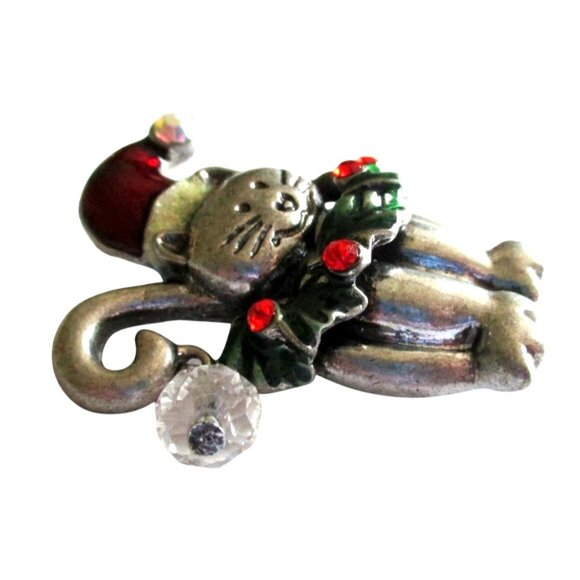 Christmas Kitty Cat Brooch Pin - Signed KC - Holiday Jewelry - Gift Boxed - Picture 2 of 5